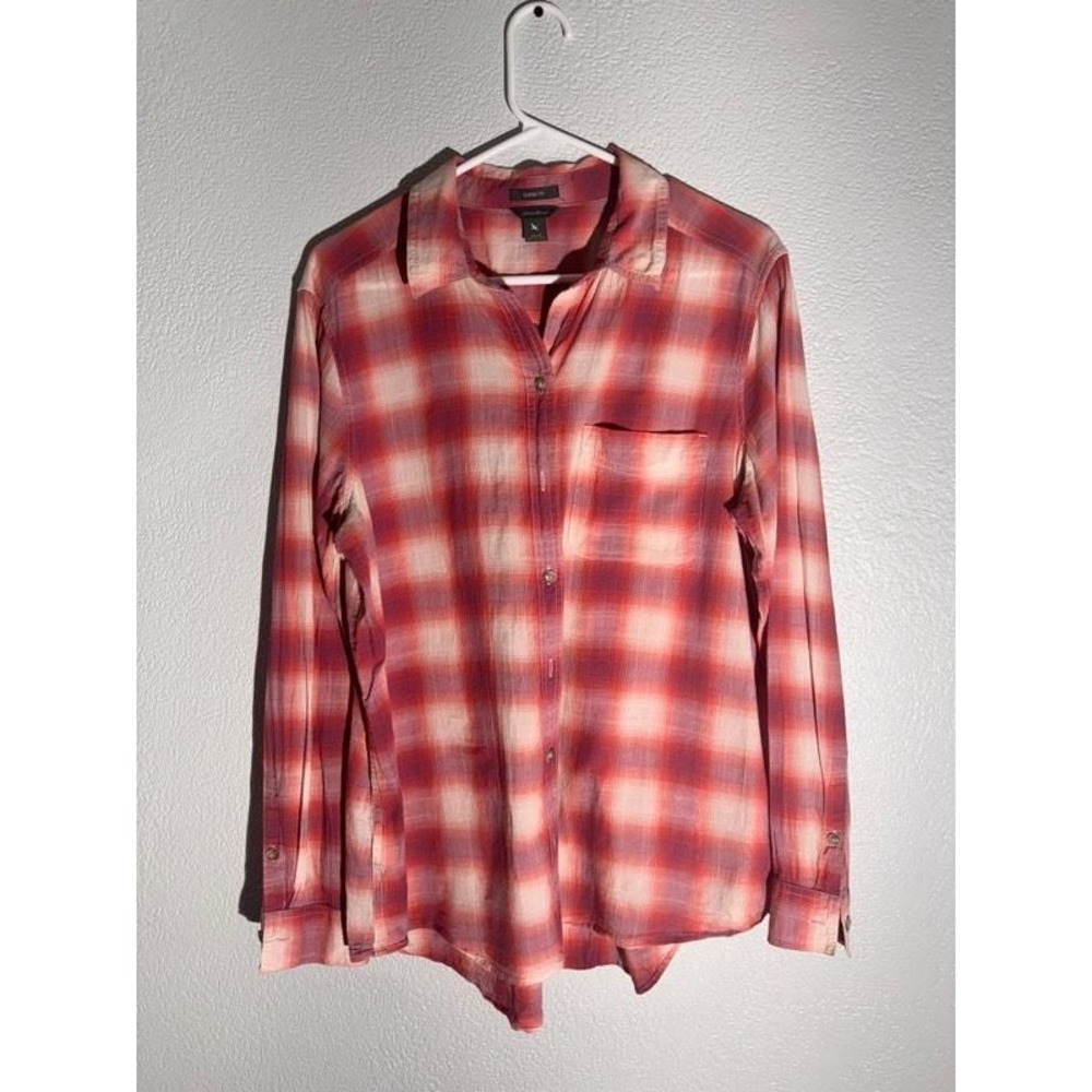 Eddie Bauer Classic Fit Plaid Button Down Shirt Red Pink White Womens Large